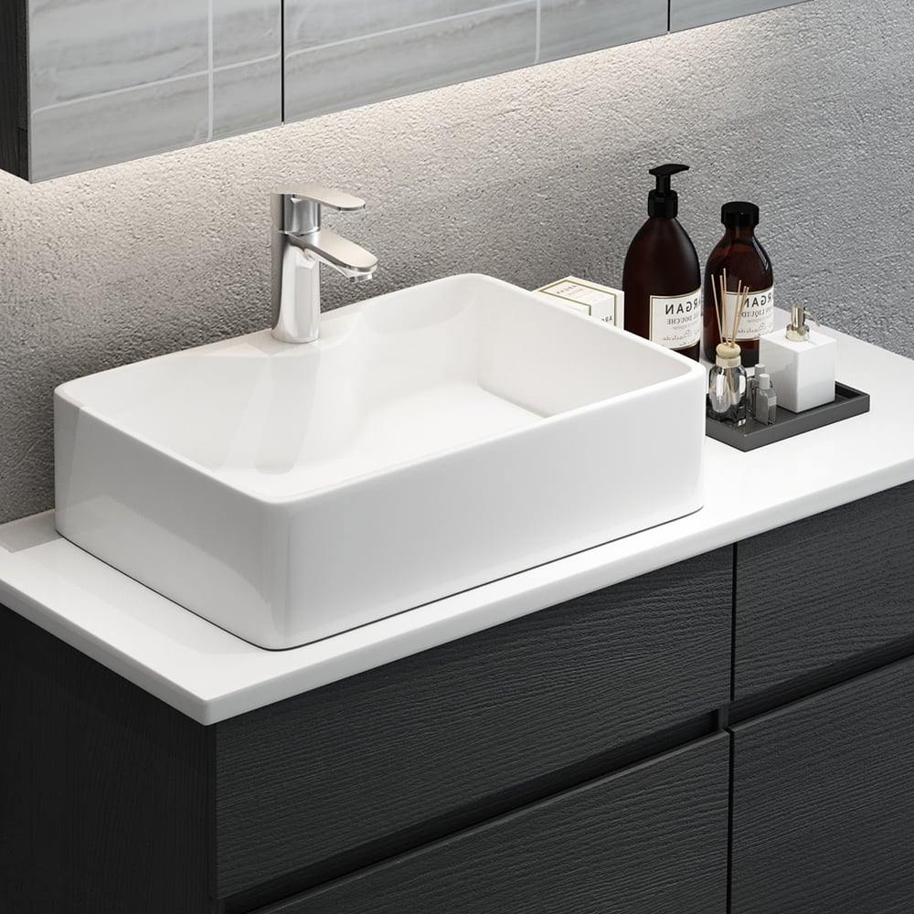 HMR - Modern Floating Bathroom Vanity Set with Faux Marble Top & Double Ceramic with Vessel Sink