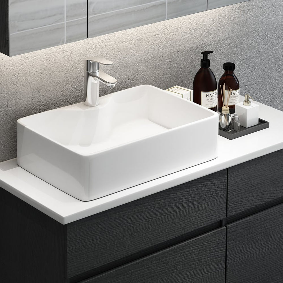 HMR - Modern Floating Bathroom Vanity Set with Faux Marble Top & Double Ceramic with Vessel Sink