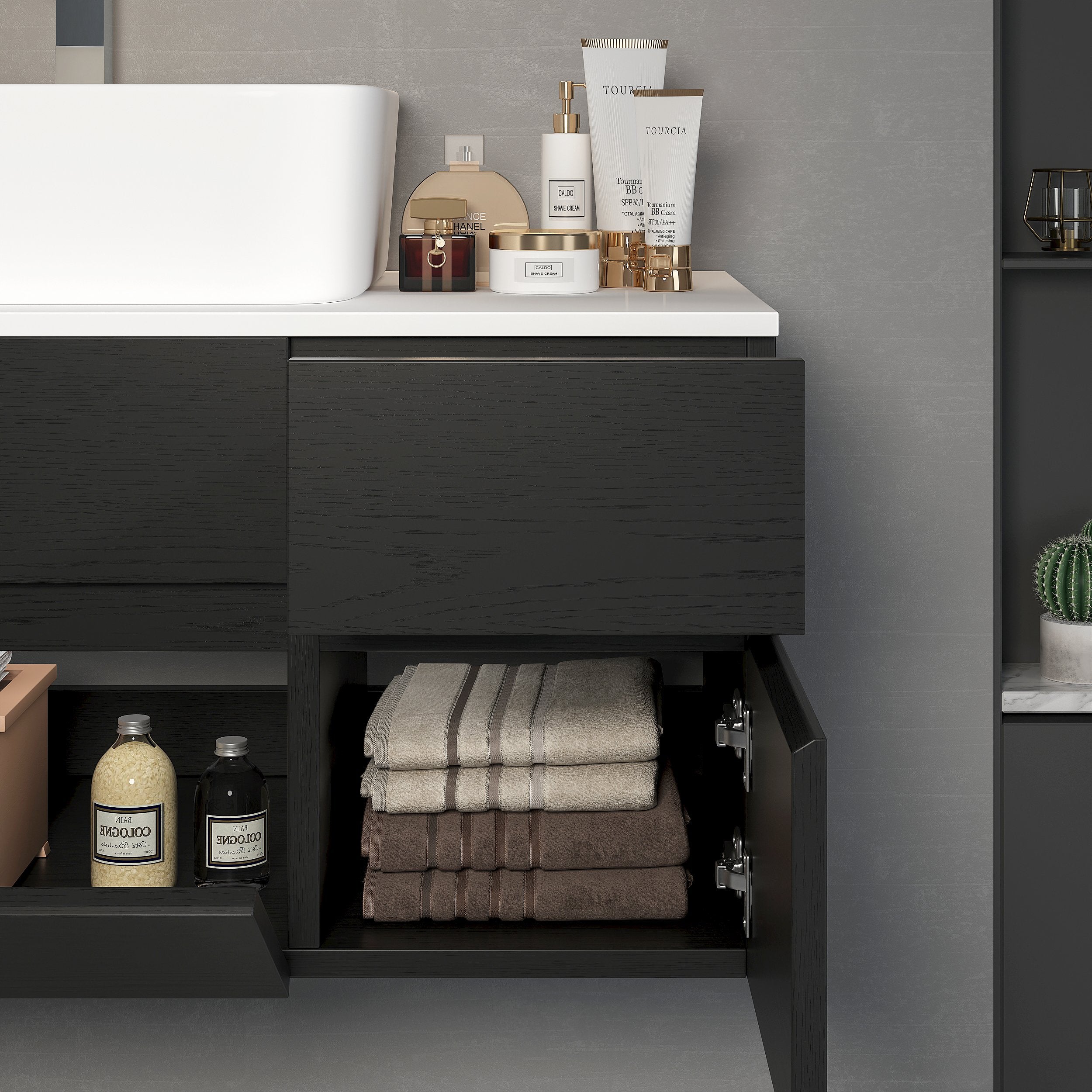 HMR - Modern Floating Bathroom Vanity Set with Faux Marble Top & Double Ceramic with Vessel Sink