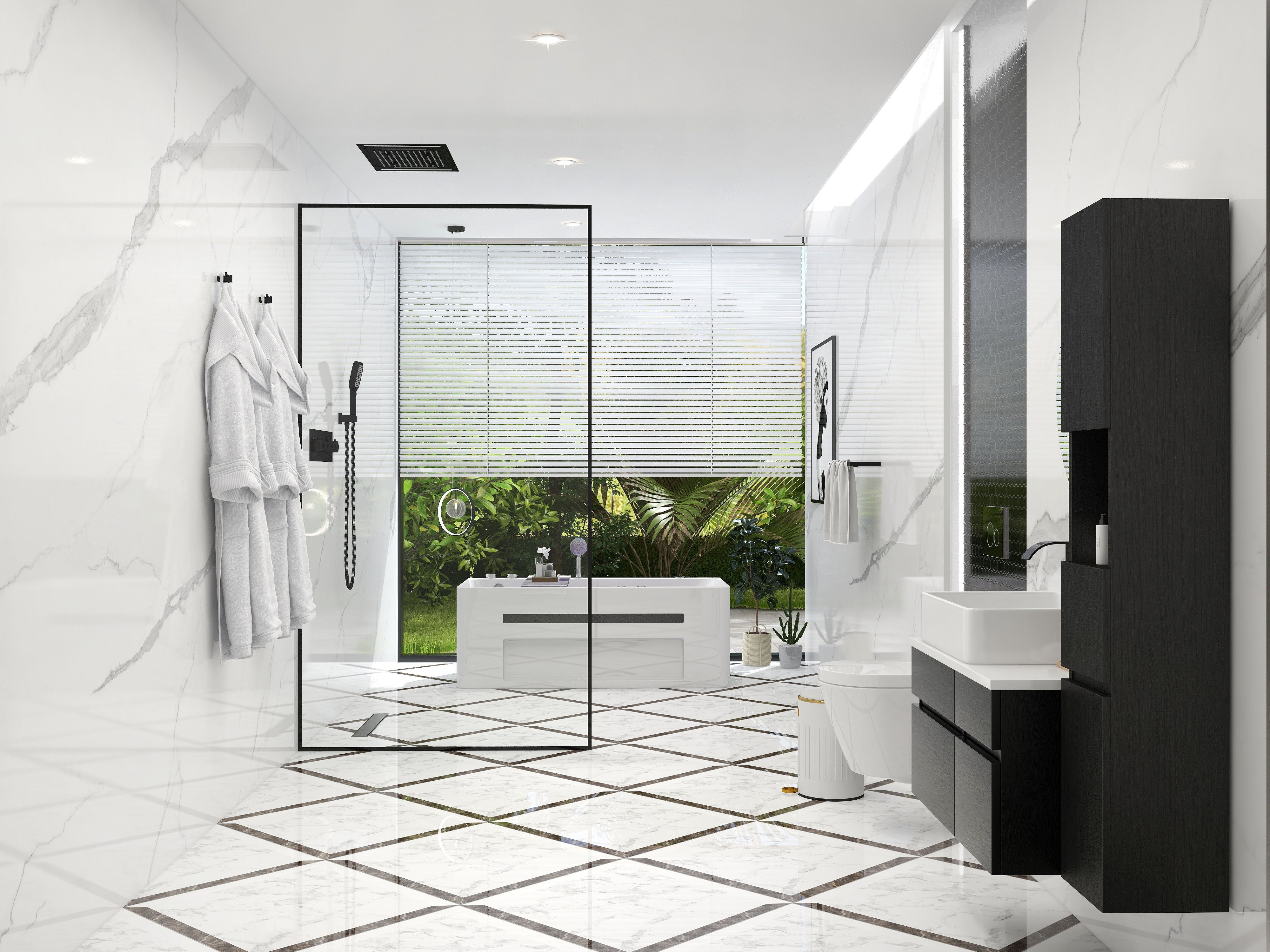HMR - Modern Floating Bathroom Vanity Set with Faux Marble Top & Double Ceramic with Vessel Sink