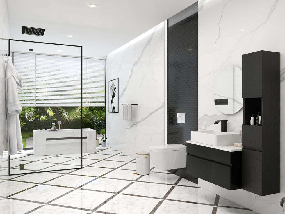 HMR - Modern Floating Bathroom Vanity Set with Faux Marble Top & Double Ceramic with Vessel Sink