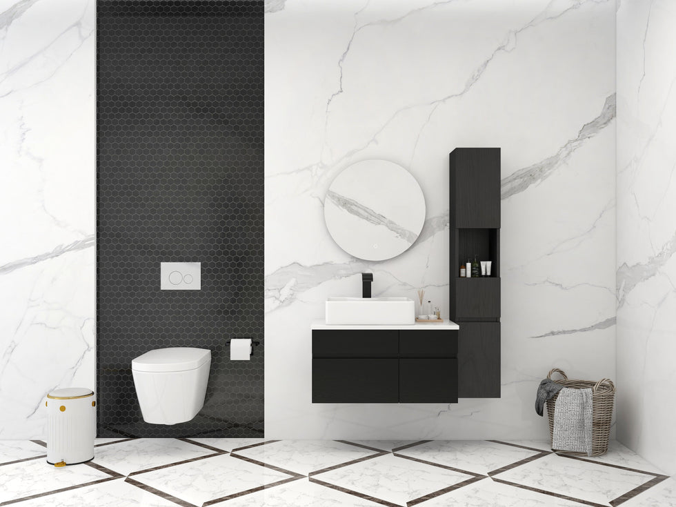 HMR - Modern Floating Bathroom Vanity Set with Faux Marble Top & Double Ceramic with Vessel Sink