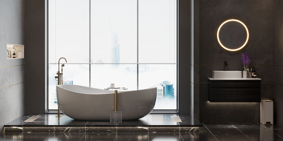 HMR - Modern Floating Bathroom Vanity Set with Faux Marble Top & Double Ceramic with Vessel Sink