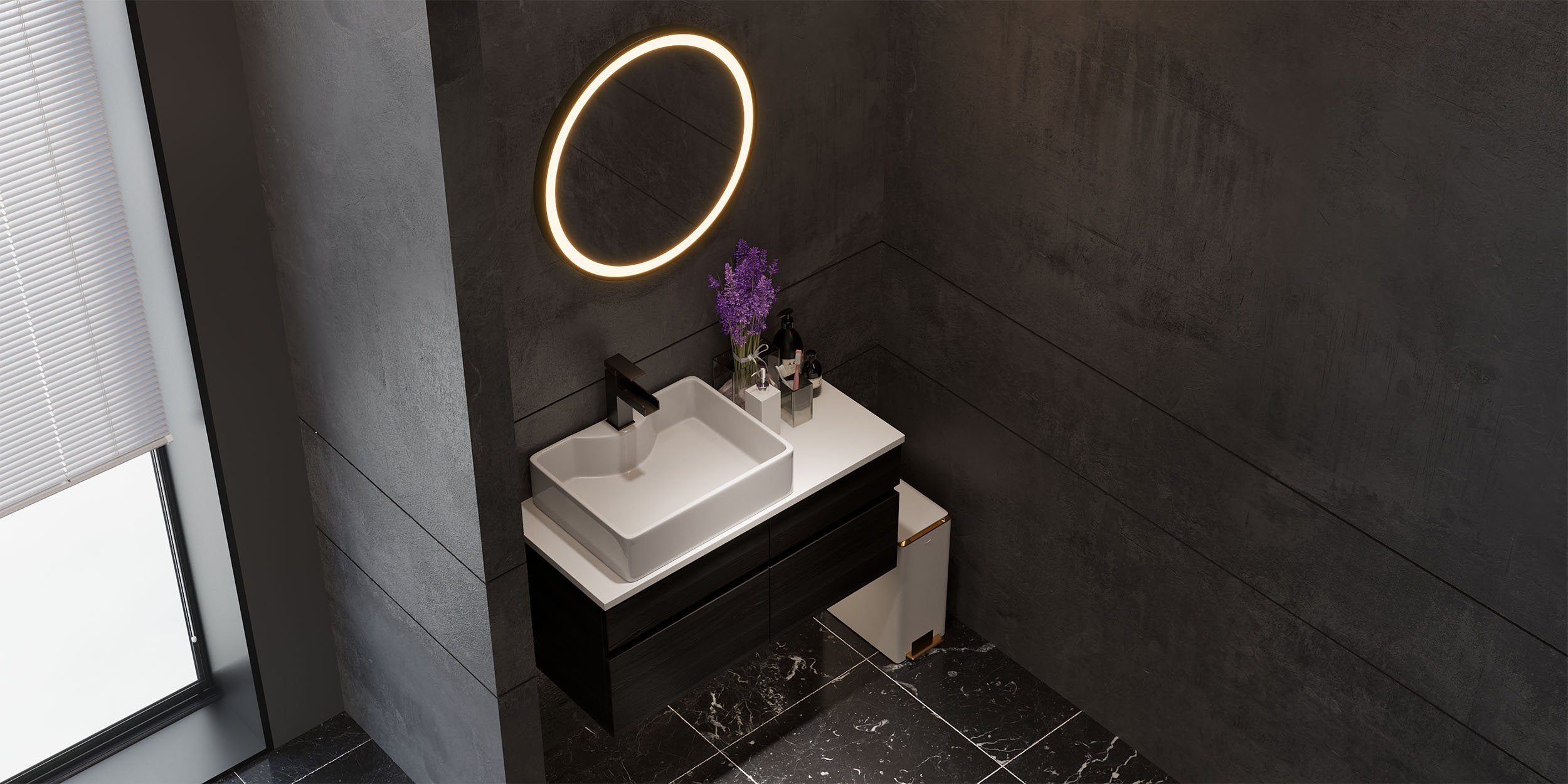 HMR - Modern Floating Bathroom Vanity Set with Faux Marble Top & Double Ceramic with Vessel Sink