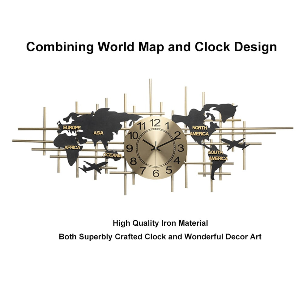 HMR - 38" Modern Metal Large Map Wall Clock Decor Creative Silent Clocks Art for Living Room