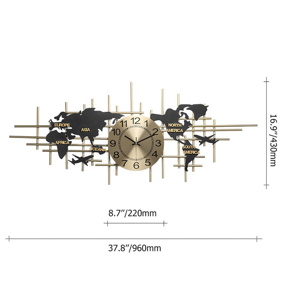 HMR - 38" Modern Metal Large Map Wall Clock Decor Creative Silent Clocks Art for Living Room