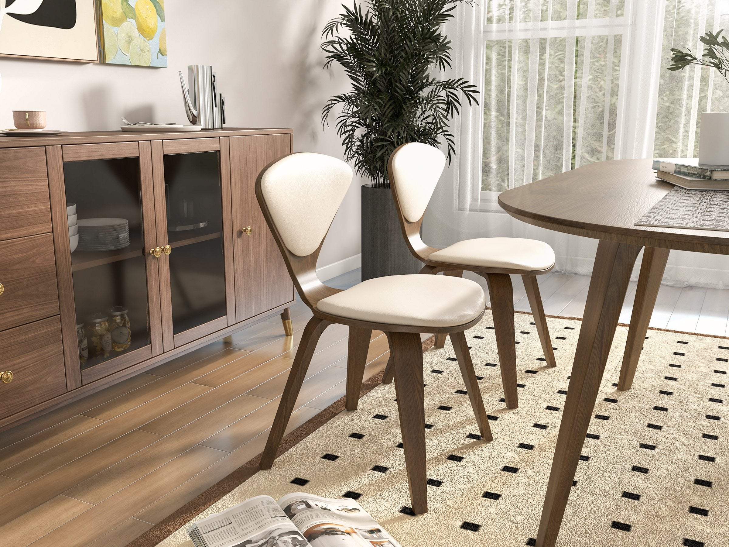 HMR - MidCentury Modern Dining Chairs PU Leather Upholstery Walnut White