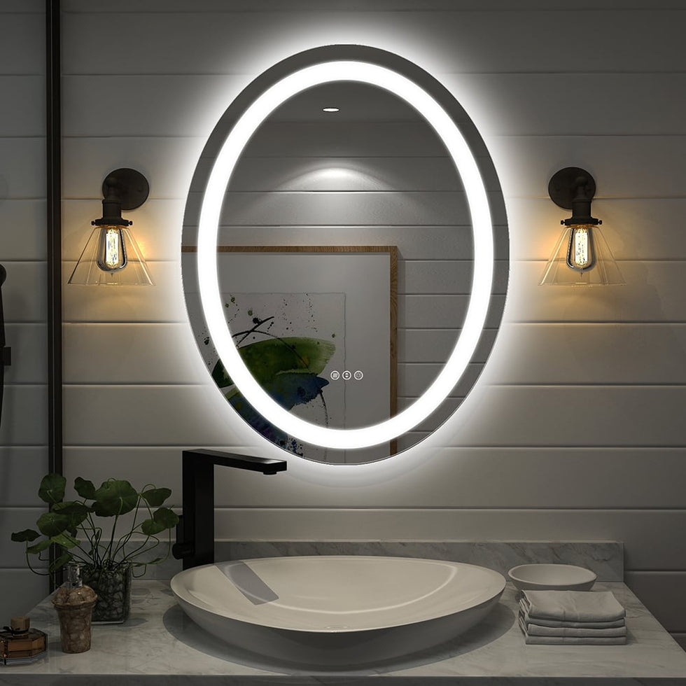 HMR - Frameless Oval LED Bathroom Vanity Mirror Anti-Fog Wall Mirror Front Light