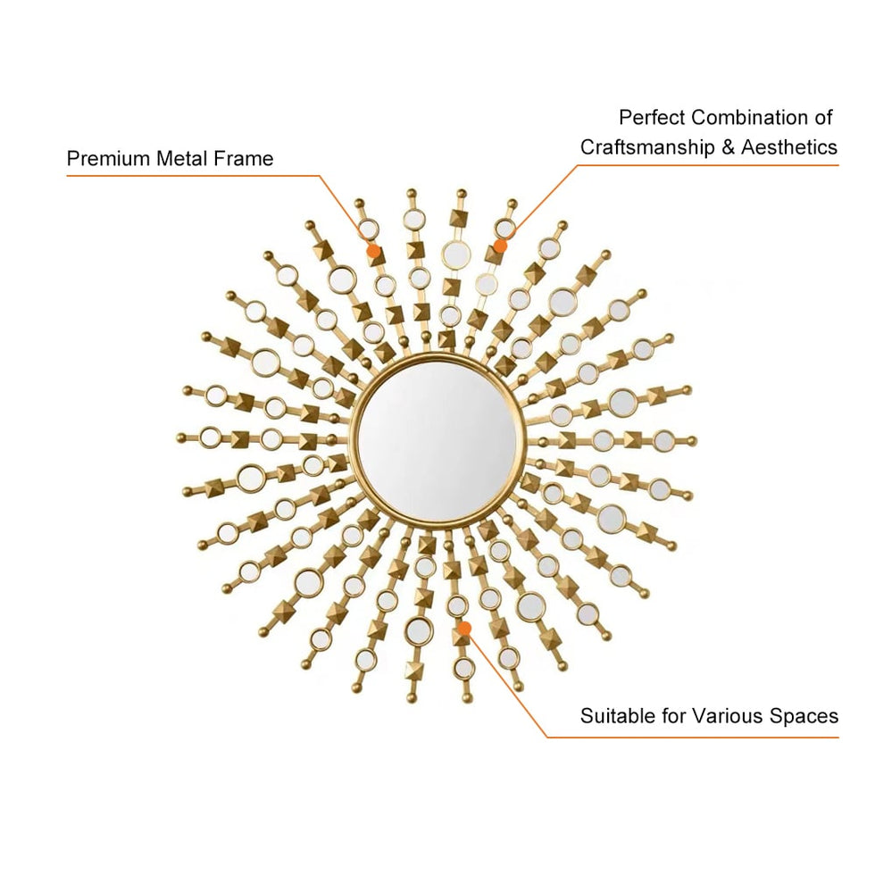 HMR - 27.6" Glam Metal Round Gold Wall Mirror Sun Shine Home Decor for Living Room