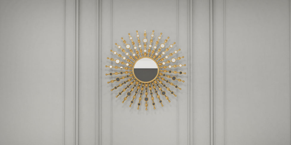 HMR - 27.6" Glam Metal Round Gold Wall Mirror Sun Shine Home Decor for Living Room