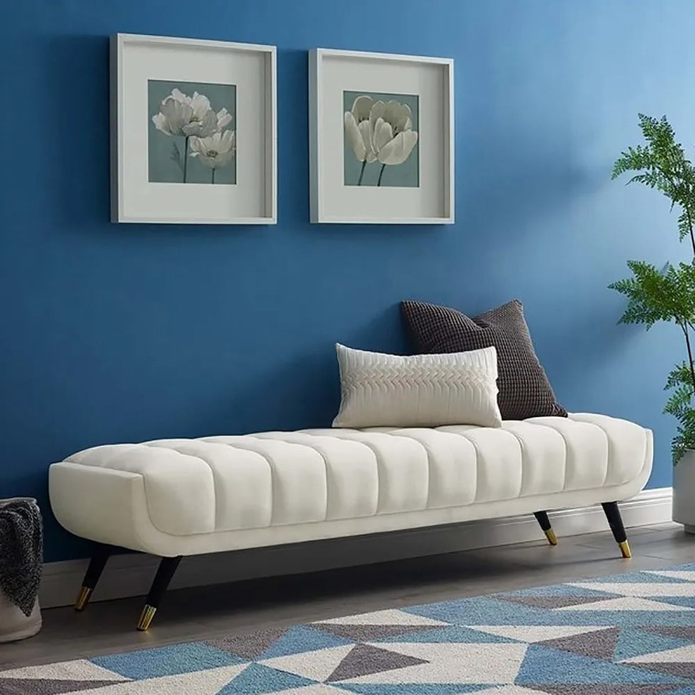 HMR - Enoak Modern Bedroom Bench Velvet Upholstery Wooden Legs