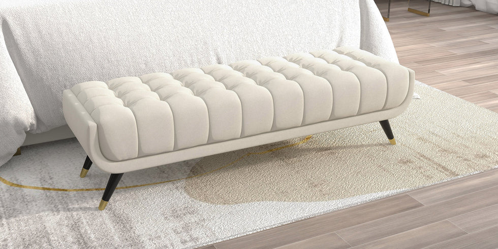 HMR - Enoak Modern Bedroom Bench Velvet Upholstery Wooden Legs