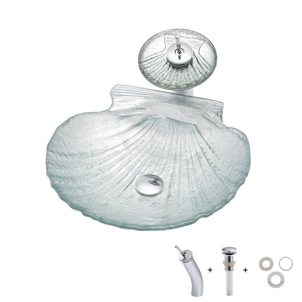 HMR - Vessel Transparent Shell Shaped Crystal Glass Bowl Bathroom Wash Sink with Faucet