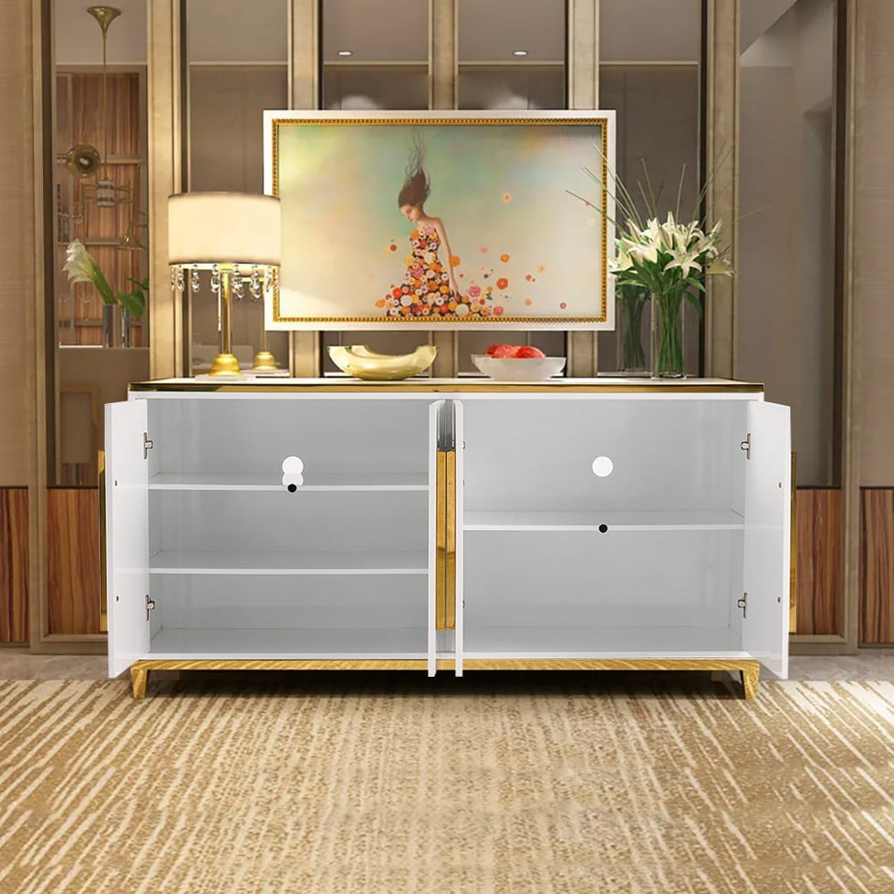 HMR - 59" Rectangle Sideboard Buffet Tempered Glass Top Cabinet 4 Doors & 2 Shelves