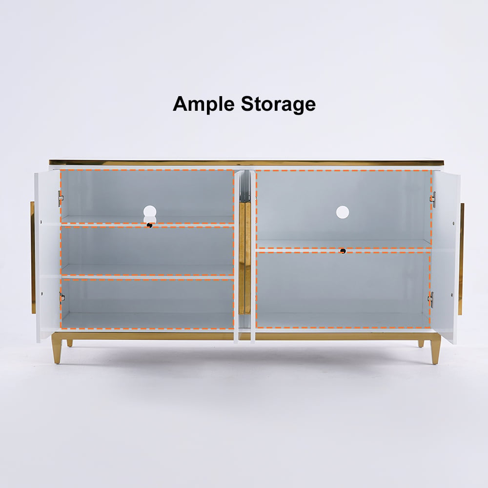 HMR - 59" Rectangle Sideboard Buffet Tempered Glass Top Cabinet 4 Doors & 2 Shelves