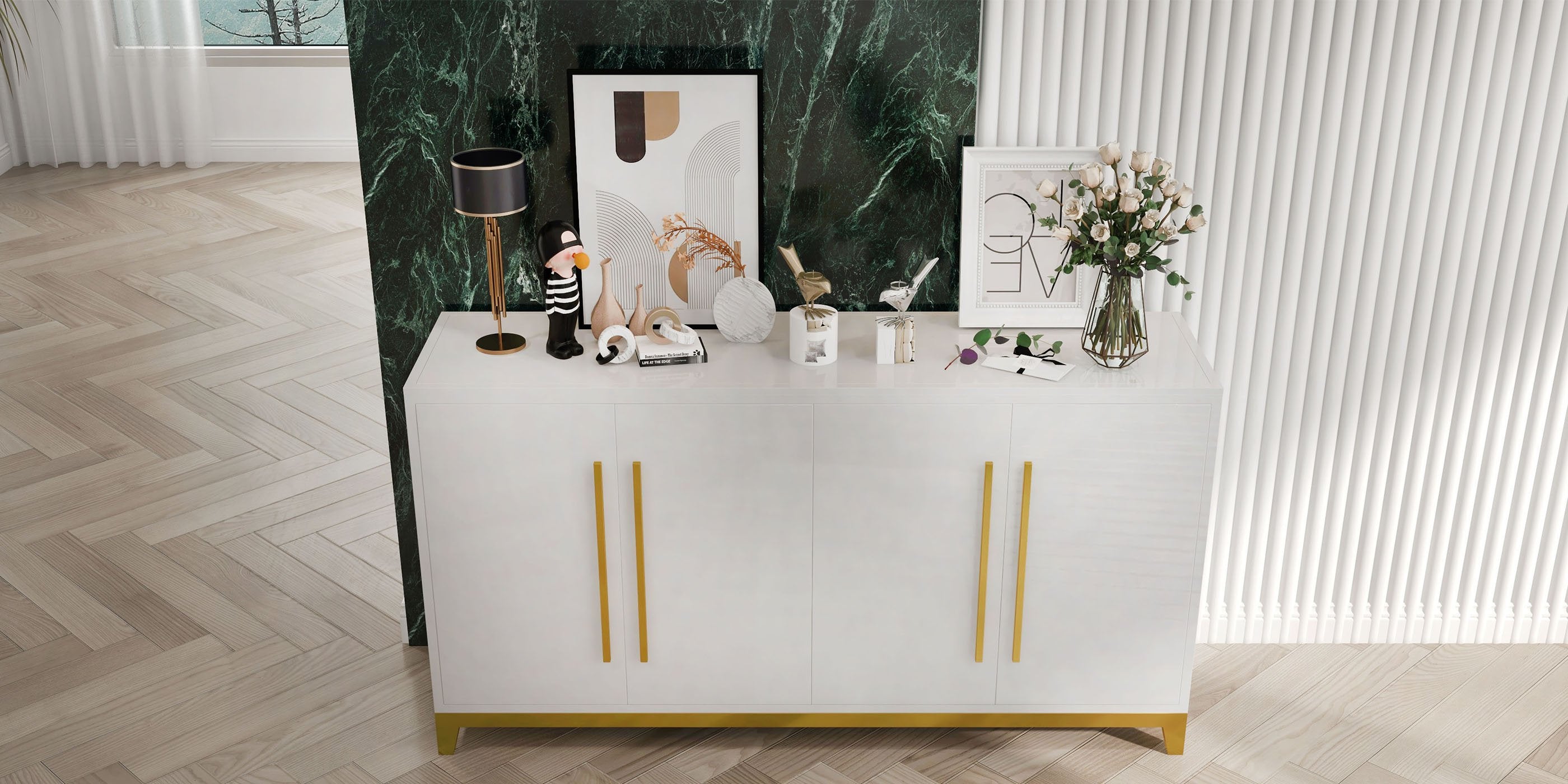 HMR - 59" Rectangle Sideboard Buffet Tempered Glass Top Cabinet 4 Doors & 2 Shelves