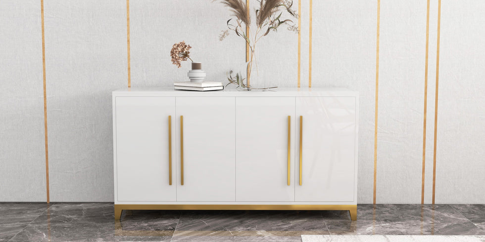 HMR - 59" Rectangle Sideboard Buffet Tempered Glass Top Cabinet 4 Doors & 2 Shelves