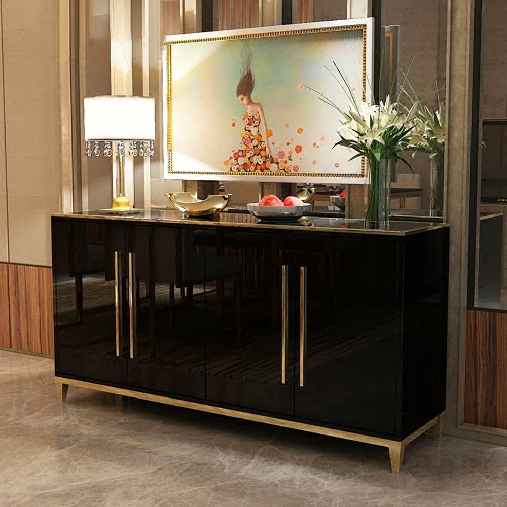 HMR - 59" Rectangle Sideboard Buffet Tempered Glass Top Cabinet 4 Doors & 2 Shelves