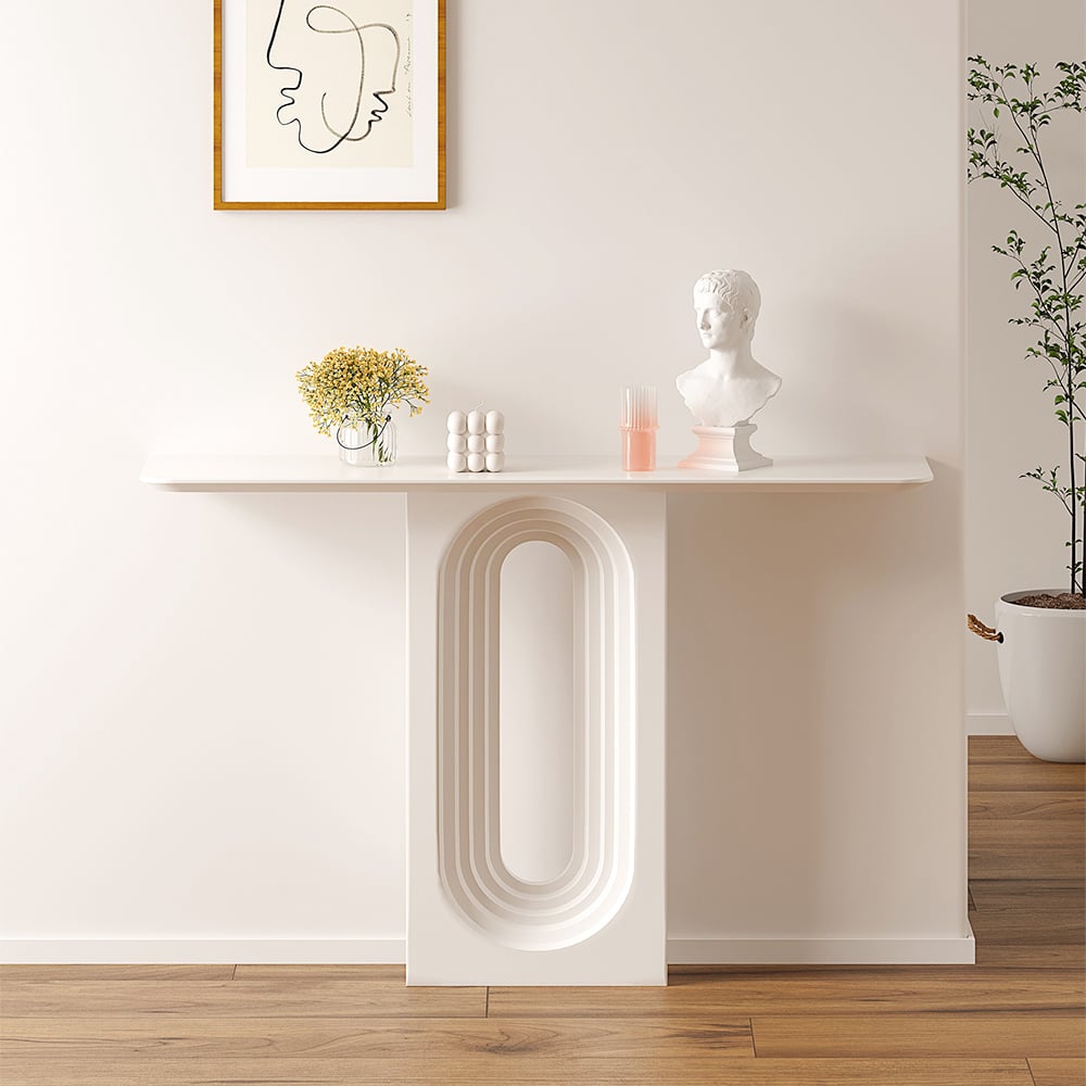 HMR - 47 Modern Japandi Narrow Wood Console Table with Geometric Pedestal Entryway Table