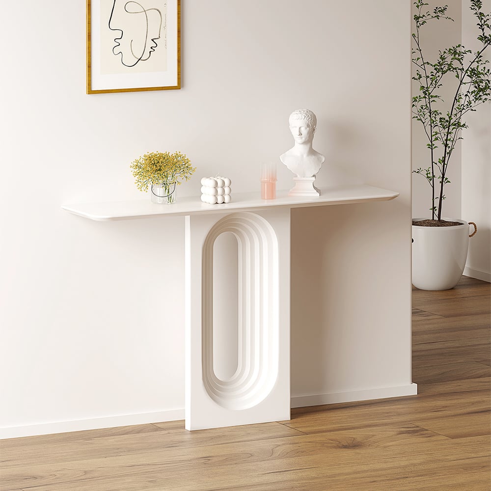 HMR - 47 Modern Japandi Narrow Wood Console Table with Geometric Pedestal Entryway Table