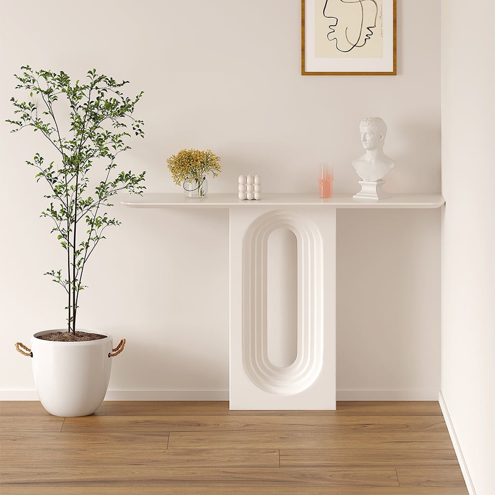 HMR - 47 Modern Japandi Narrow Wood Console Table with Geometric Pedestal Entryway Table