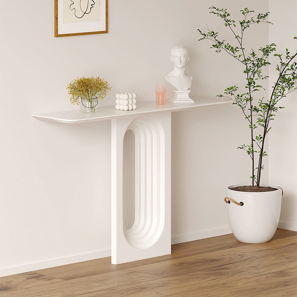 HMR - 47 Modern Japandi Narrow Wood Console Table with Geometric Pedestal Entryway Table