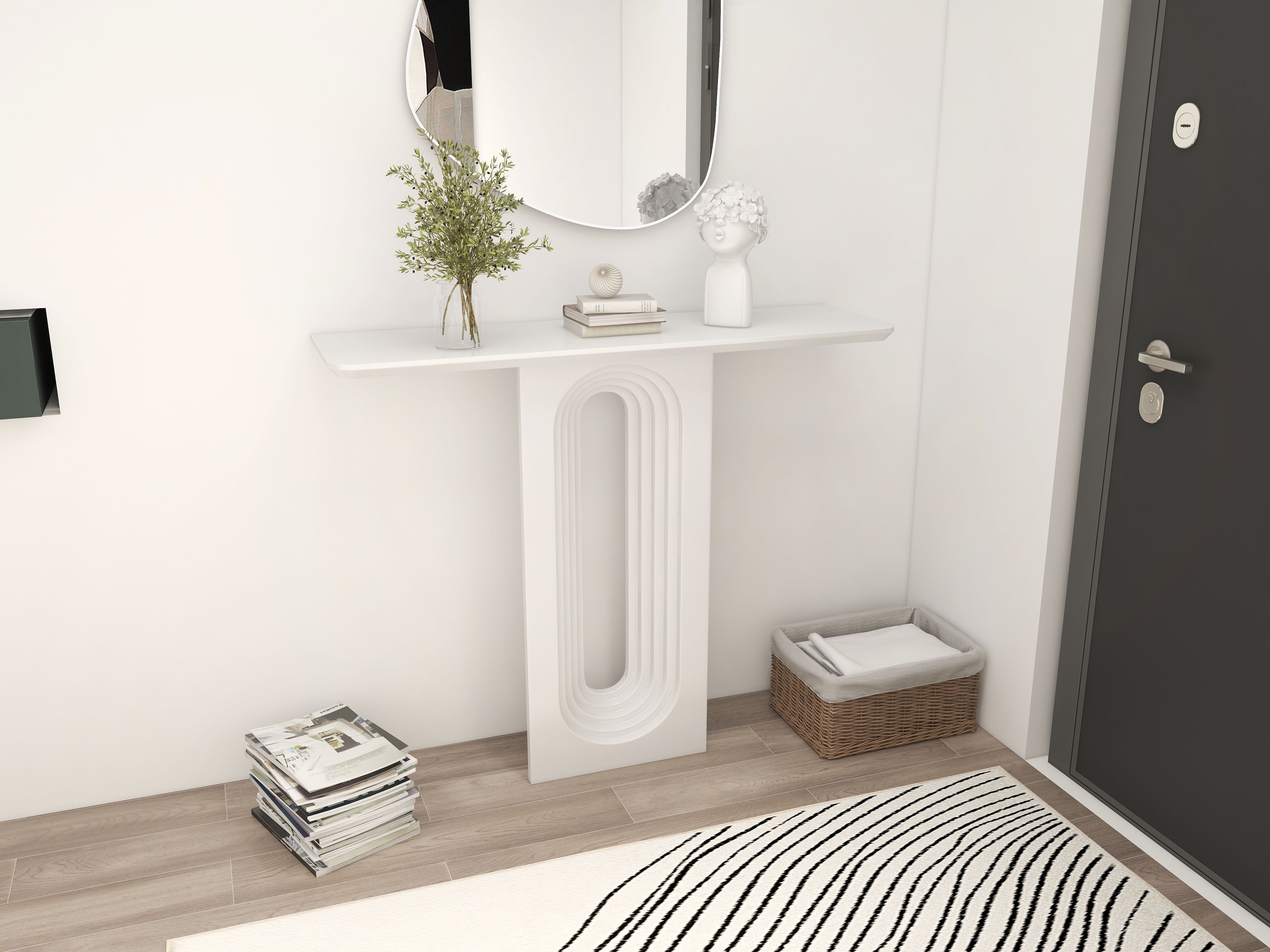 HMR - 47 Modern Japandi Narrow Wood Console Table with Geometric Pedestal Entryway Table