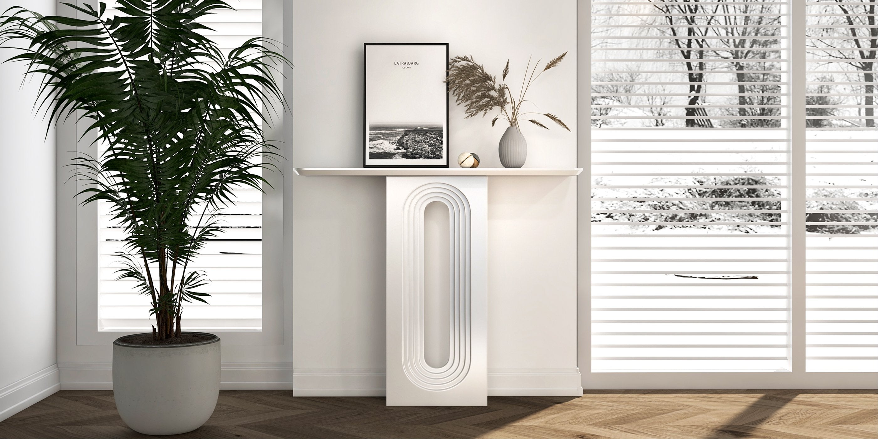 HMR - 47 Modern Japandi Narrow Wood Console Table with Geometric Pedestal Entryway Table