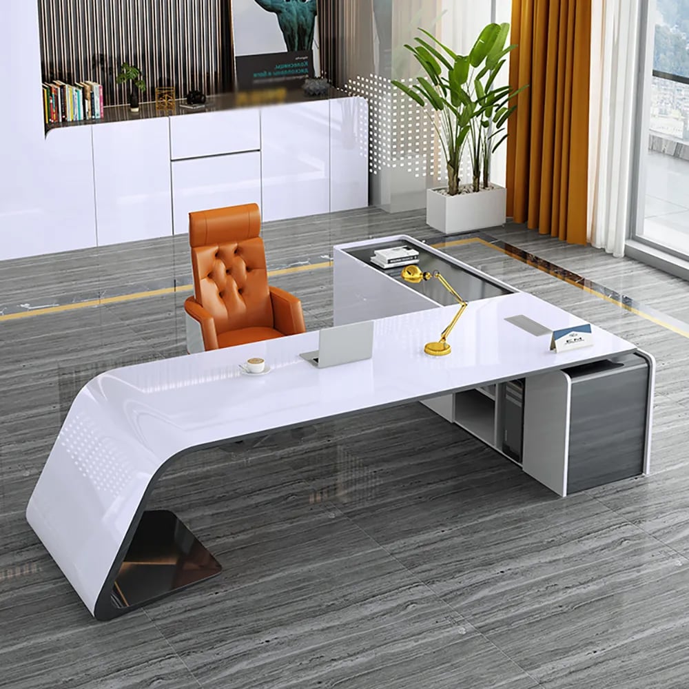 HMR - L-Shaped Modern White Office Desk with Storage