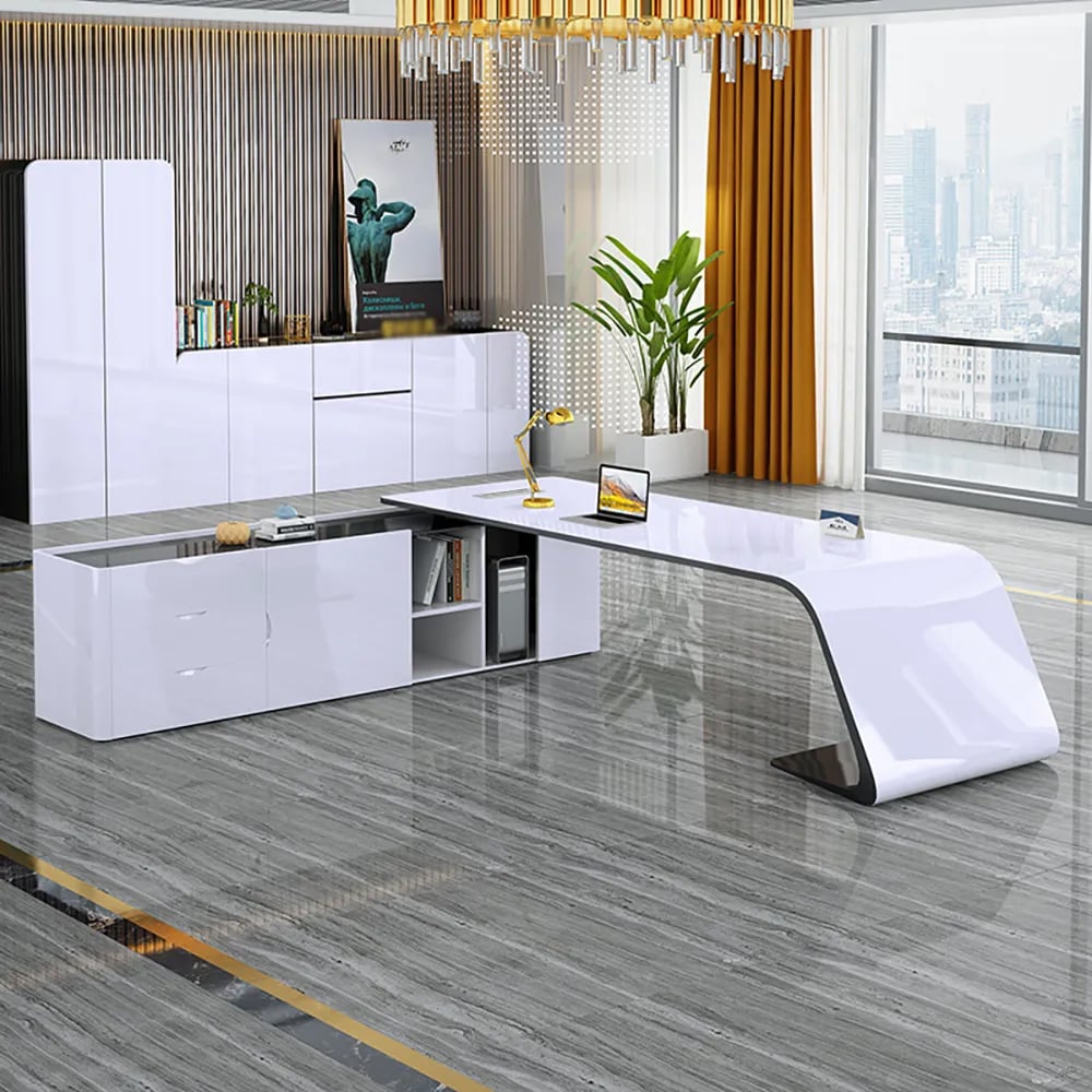 HMR - L-Shaped Modern White Office Desk with Storage