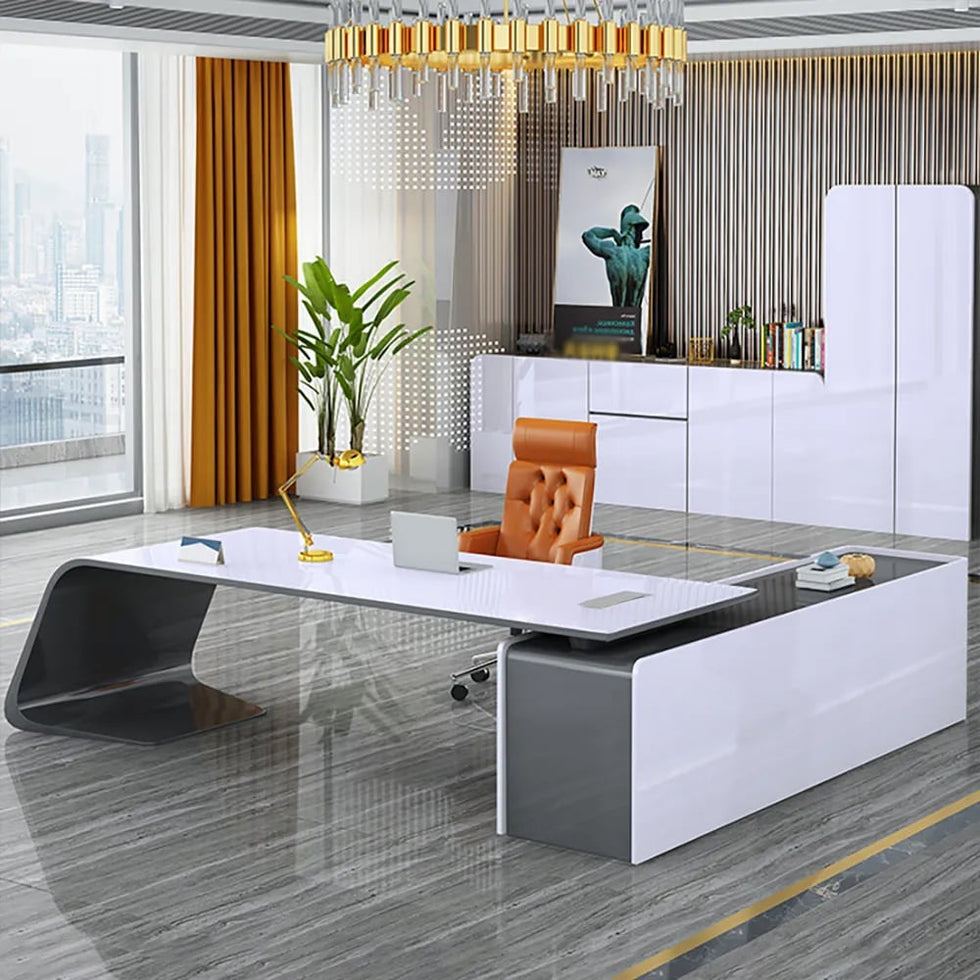HMR - L-Shaped Modern White Office Desk with Storage