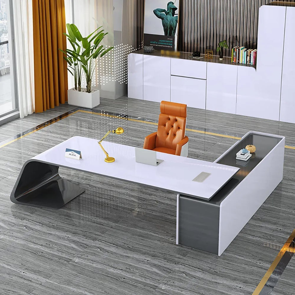 HMR - L-Shaped Modern White Office Desk with Storage