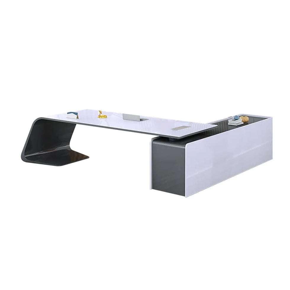 HMR - L-Shaped Modern White Office Desk with Storage