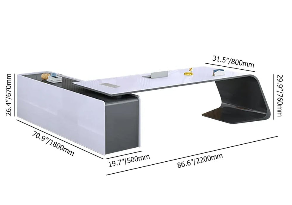HMR - L-Shaped Modern White Office Desk with Storage