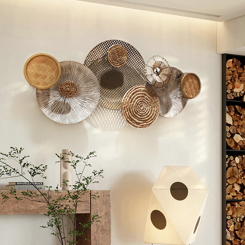 HMR - 49.6" Japandi Round Woven Rattan Large Wall Decor Overlapping Wooden Art for Living Room