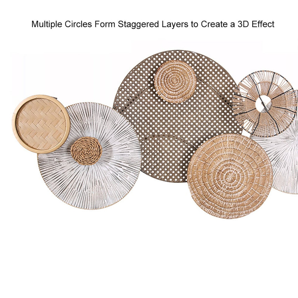 HMR - 49.6" Japandi Round Woven Rattan Large Wall Decor Overlapping Wooden Art for Living Room