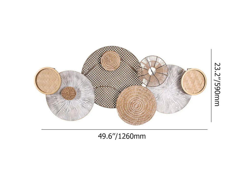 HMR - 49.6" Japandi Round Woven Rattan Large Wall Decor Overlapping Wooden Art for Living Room