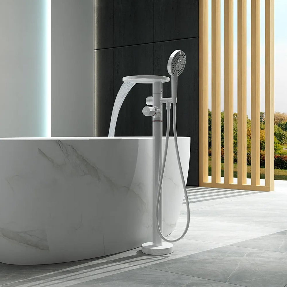 HMR - Floor Mounted Tub Faucet with Handshower & Stone Top in White & Rose Gold