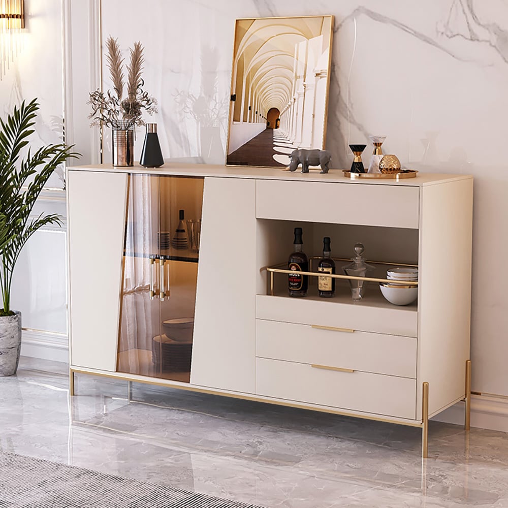 HMR - Dolawn Series 55.1" Modern Wood Sideboard Buffet Tempered Glass Doors with Shelf Tray Wine Rack