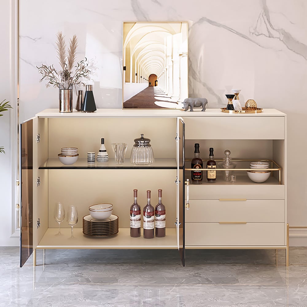 HMR - Dolawn Series 55.1" Modern Wood Sideboard Buffet Tempered Glass Doors with Shelf Tray Wine Rack