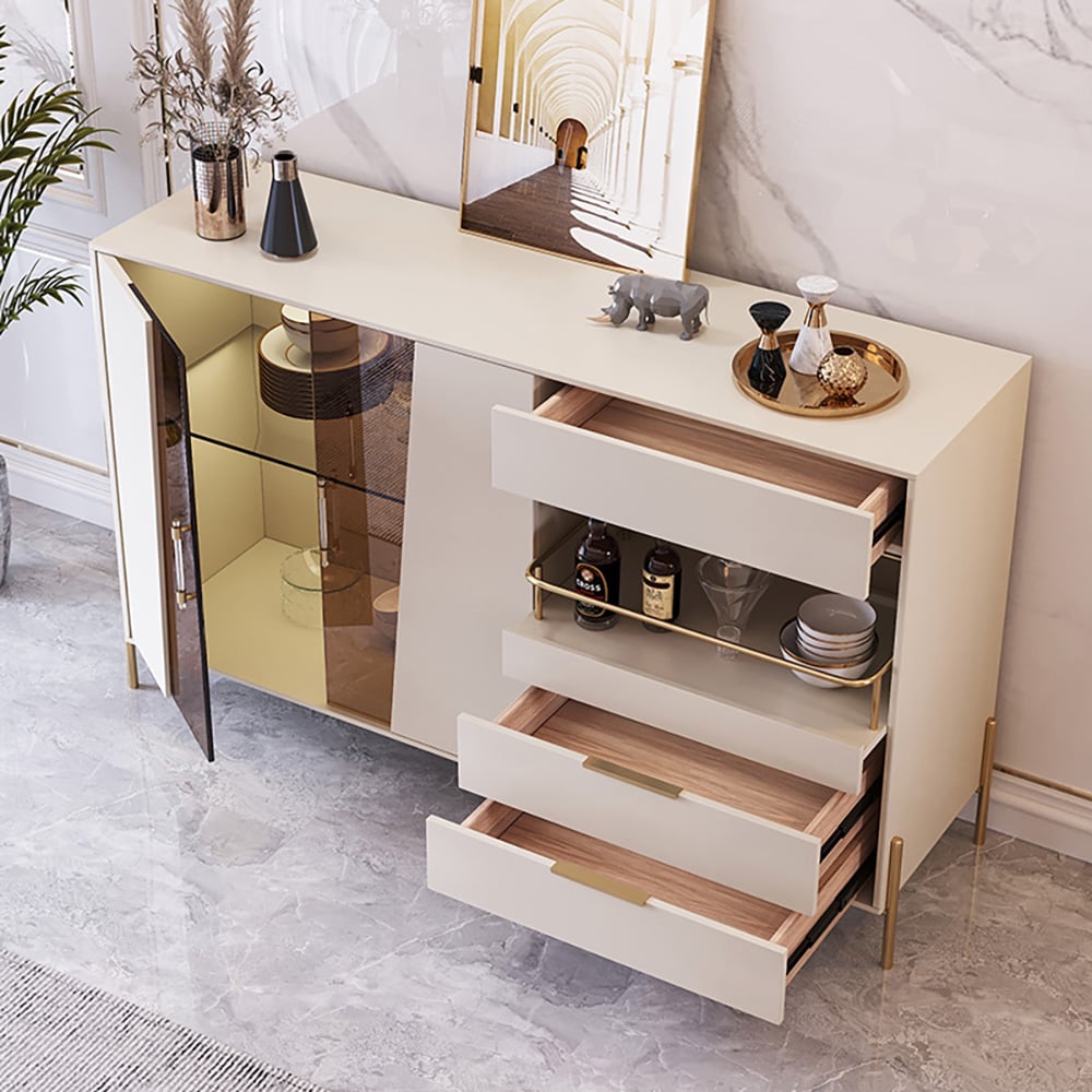 HMR - Dolawn Series 55.1" Modern Wood Sideboard Buffet Tempered Glass Doors with Shelf Tray Wine Rack