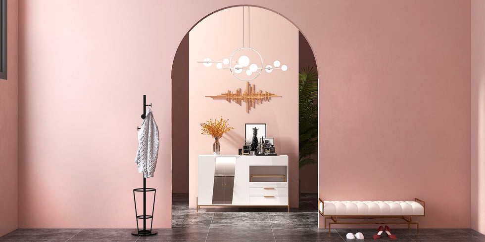 HMR - Dolawn Series 55.1" Modern Wood Sideboard Buffet Tempered Glass Doors with Shelf Tray Wine Rack