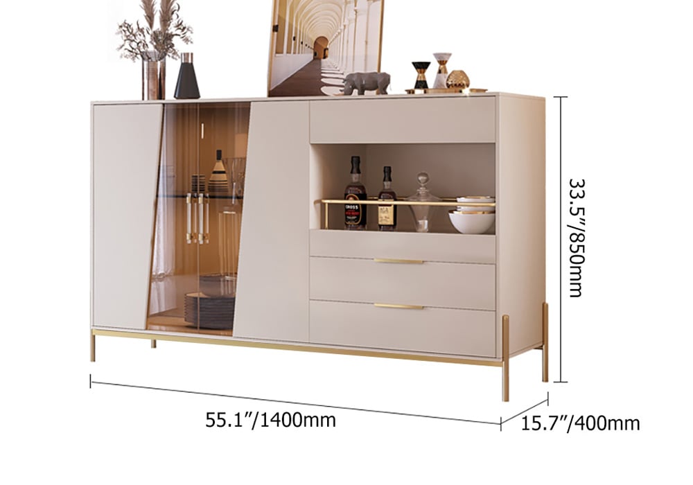 HMR - Dolawn Series 55.1" Modern Wood Sideboard Buffet Tempered Glass Doors with Shelf Tray Wine Rack