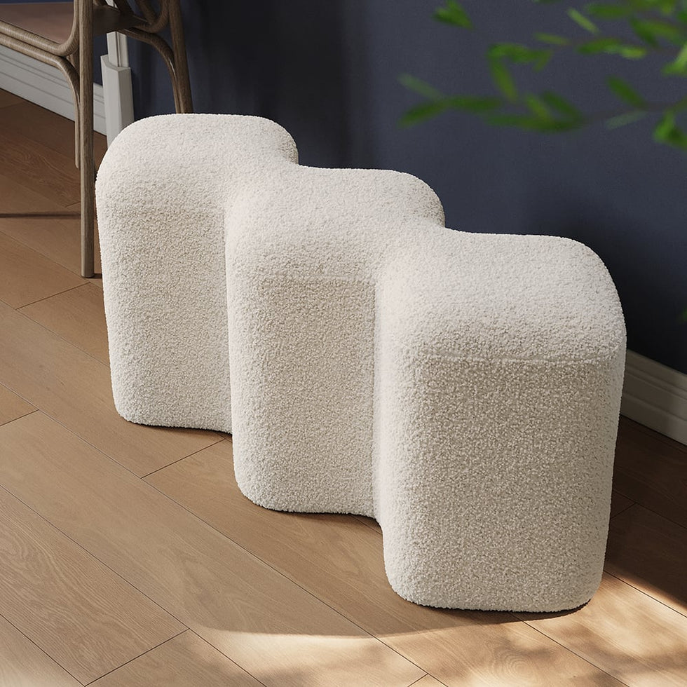 HMR - Modern Entryway Bench Boucle Upholstered Molecule Ottoman Wooden Frame