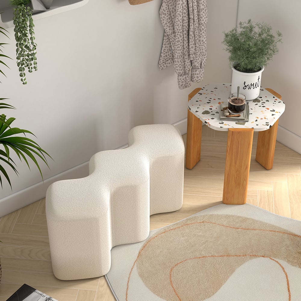 HMR - Modern Entryway Bench Boucle Upholstered Molecule Ottoman Wooden Frame