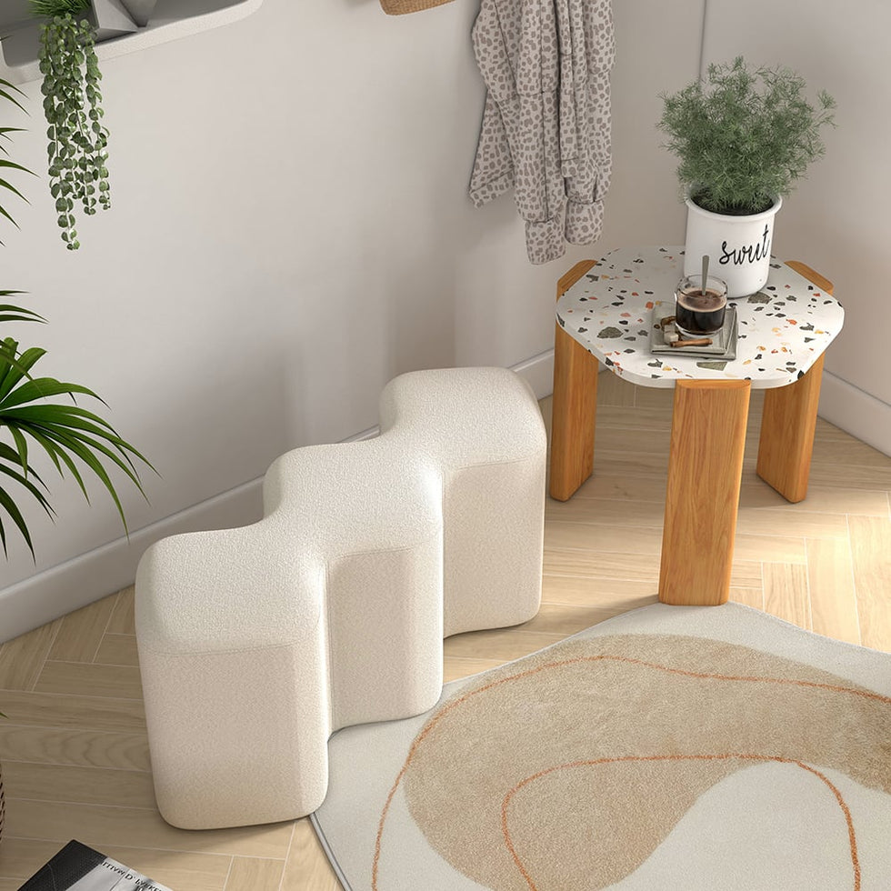 HMR - Modern Entryway Bench Boucle Upholstered Molecule Ottoman Wooden Frame