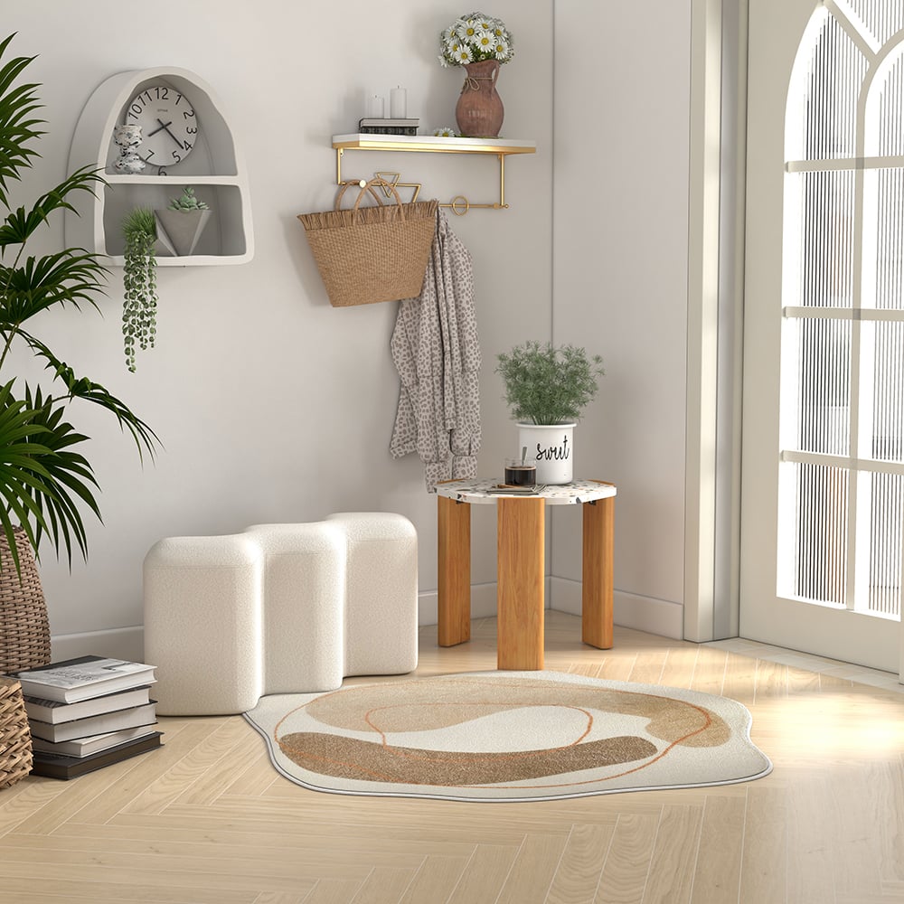 HMR - Modern Entryway Bench Boucle Upholstered Molecule Ottoman Wooden Frame