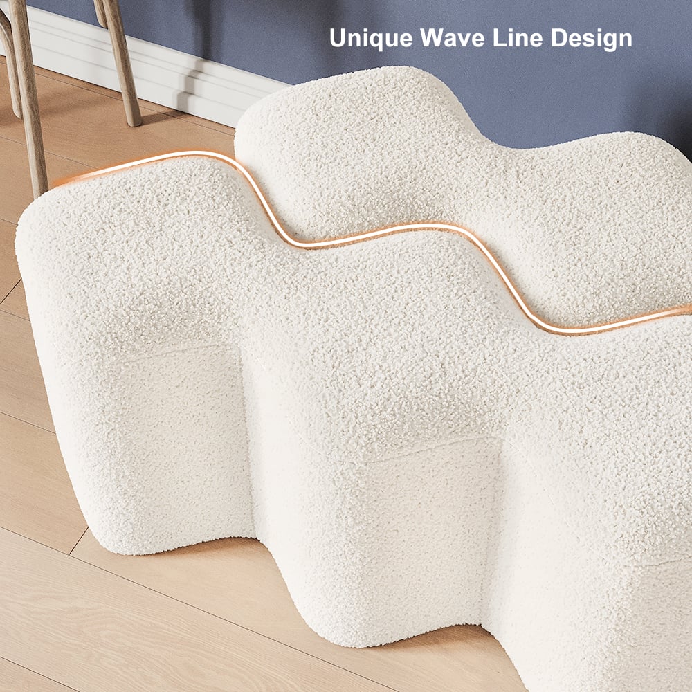 HMR - Modern Entryway Bench Boucle Upholstered Molecule Ottoman Wooden Frame