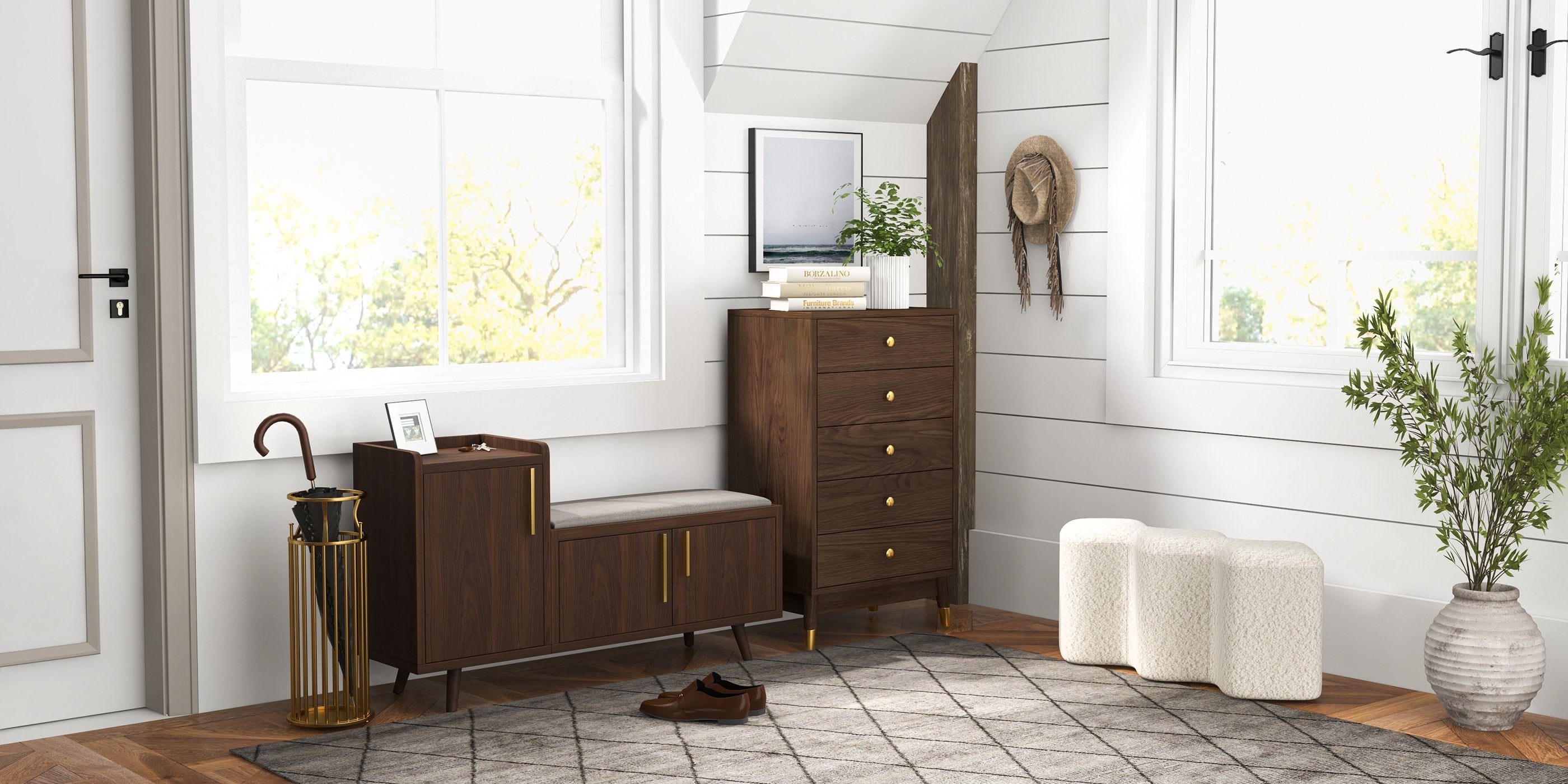 HMR - Modern Entryway Bench Boucle Upholstered Molecule Ottoman Wooden Frame