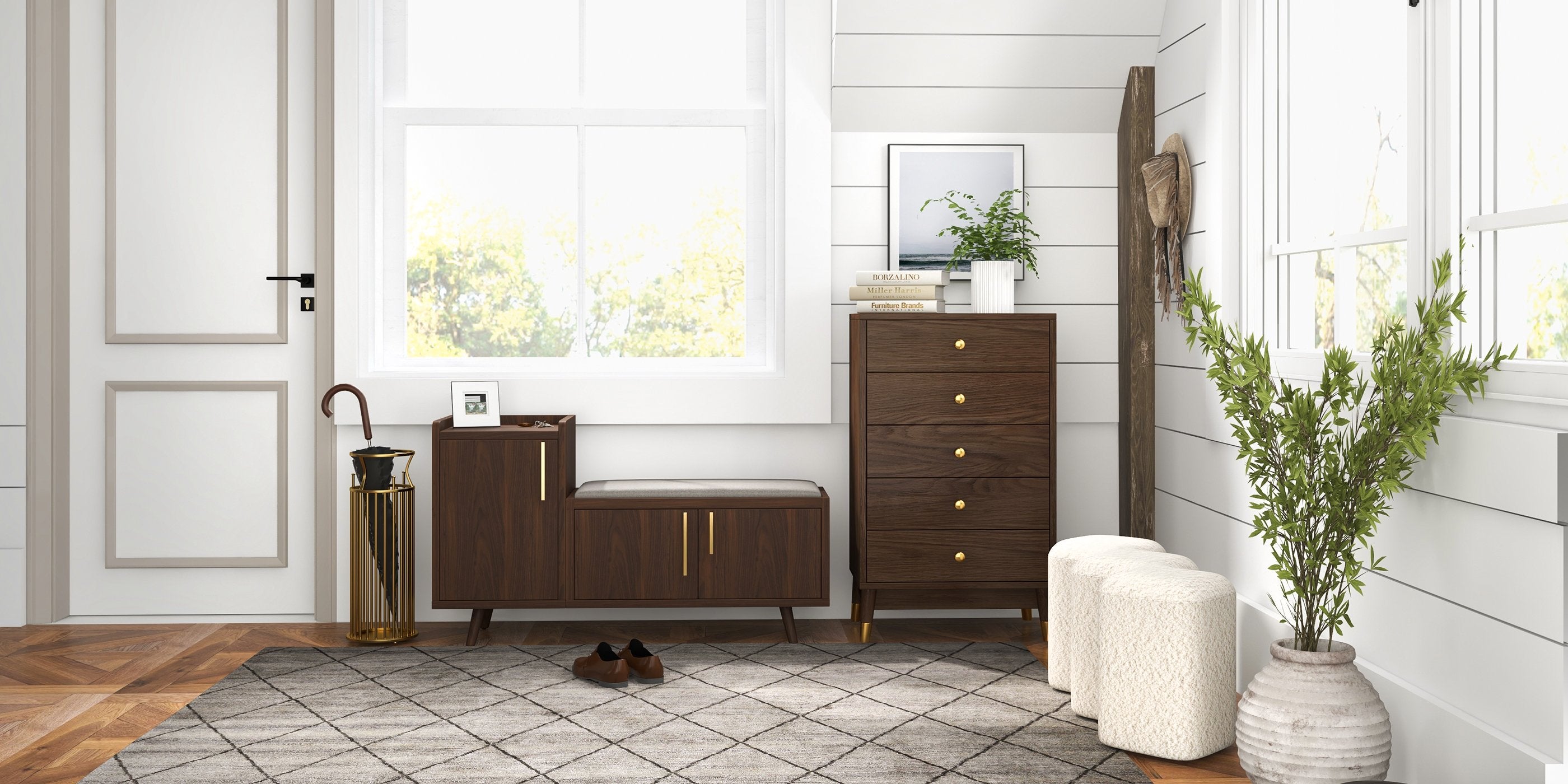HMR - Modern Entryway Bench Boucle Upholstered Molecule Ottoman Wooden Frame